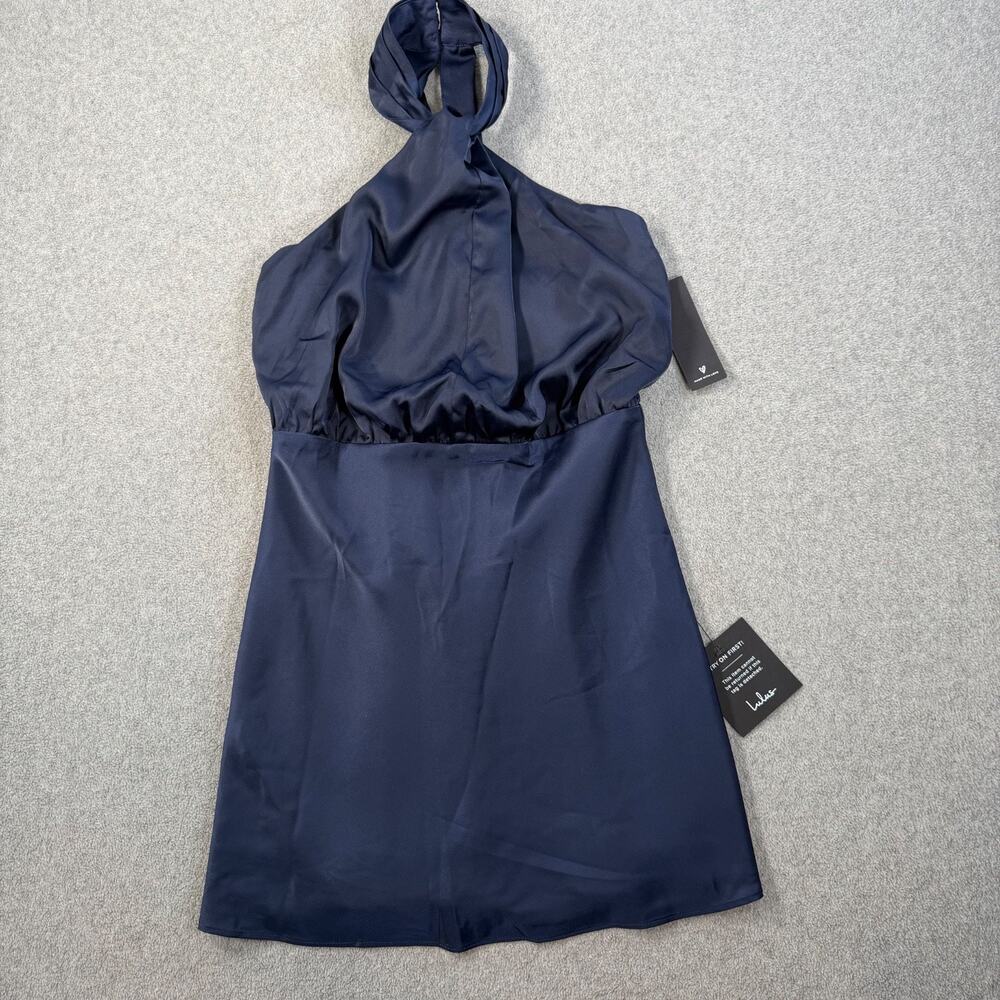 Lulus Women's XXS Sleek Essence Navy Blue Satin Halter Sleeveless Mini Dress